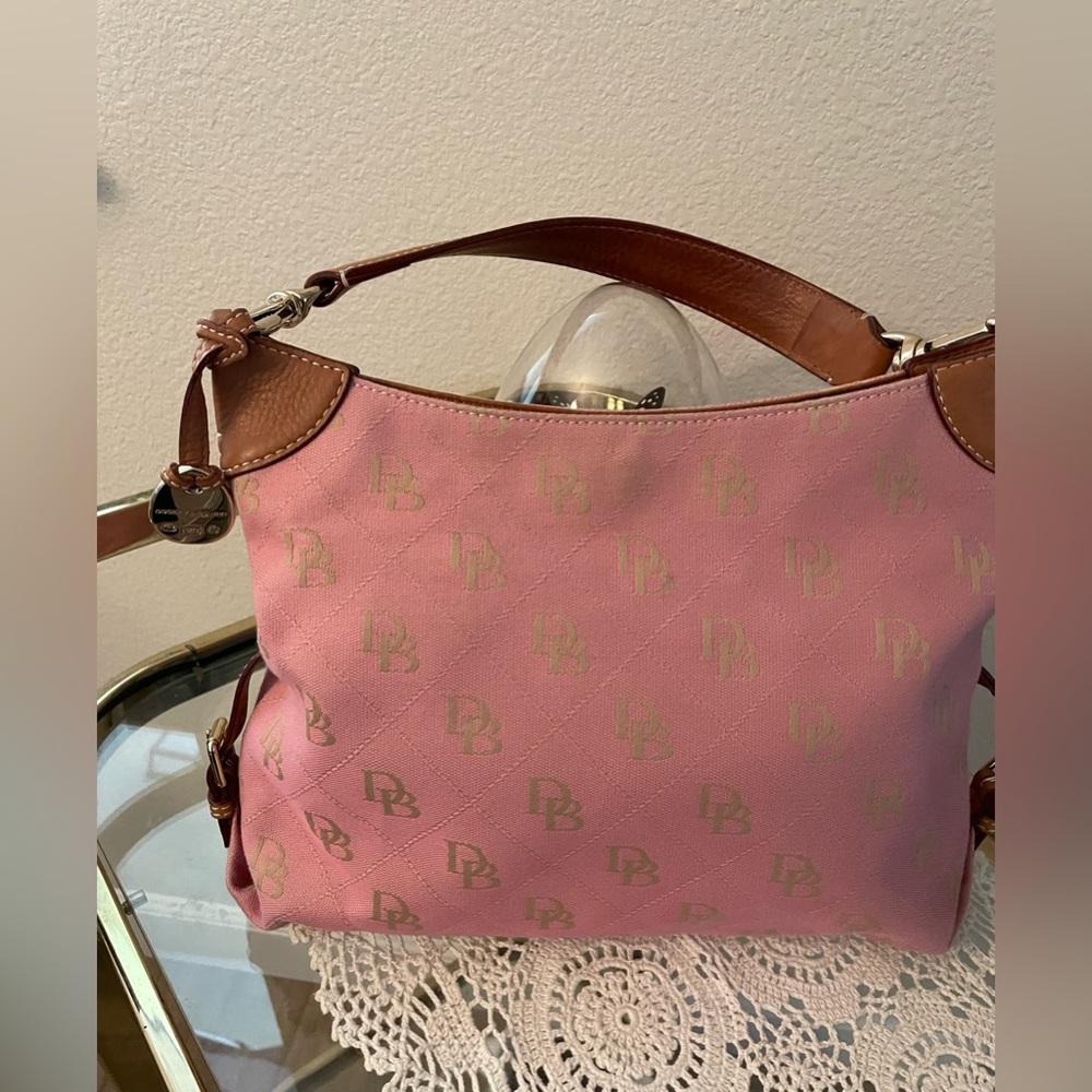 Dooney & Bourke signature hobo bag, pink sig fabric with leather trim